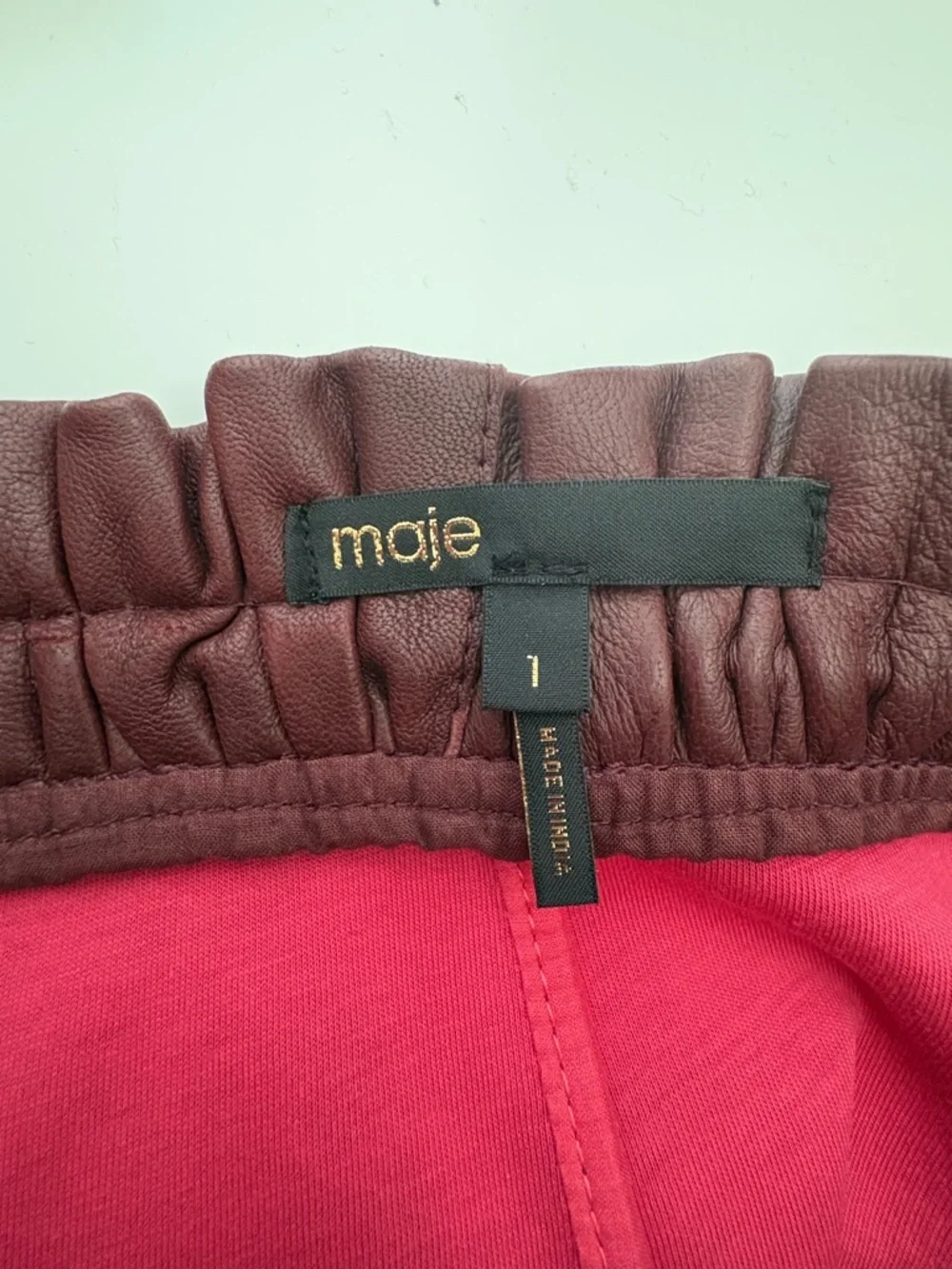 Maje Jet Leather Burgundy Paperbag Mini Skirt w/ Front Zipper and Drawstring